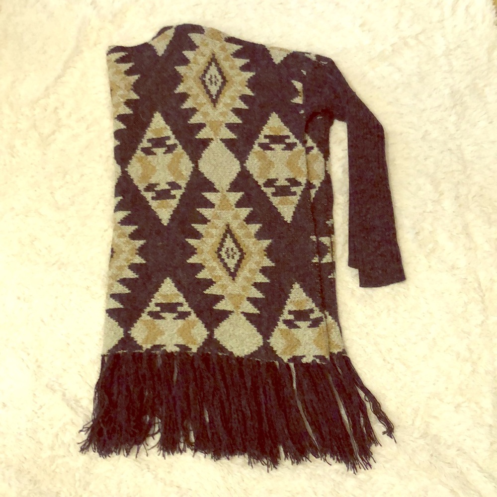 Boho fringed poncho sweater with sleeves